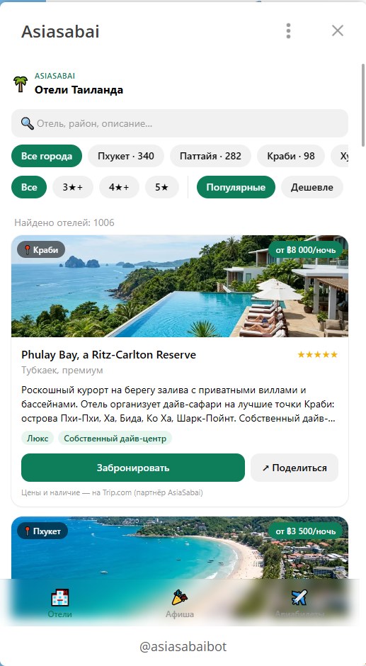 Каталог отелей Таиланда в Telegram Mini App AsiaSabai: фильтры по городам, карточки отелей с ценами и рейтингом
